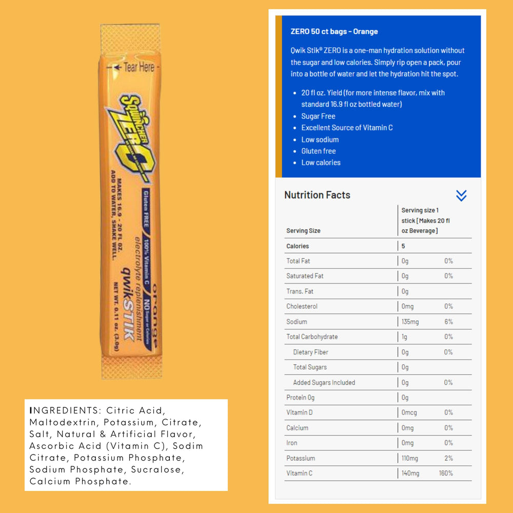 Sqwincher Stik Zero Orange packet for sugar-free electrolyte replenishment.