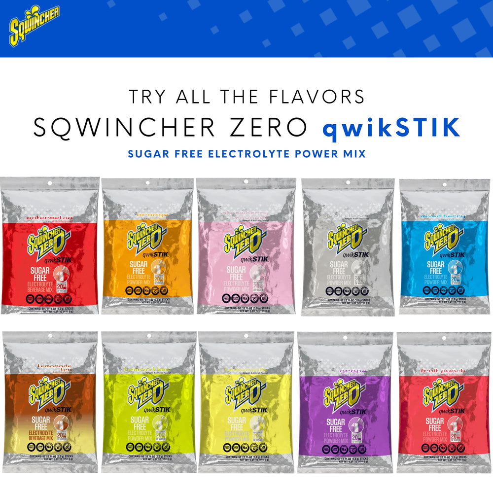 Sqwincher Zero-Calorie electrolyte powder pack provides 50 servings for events or workouts.