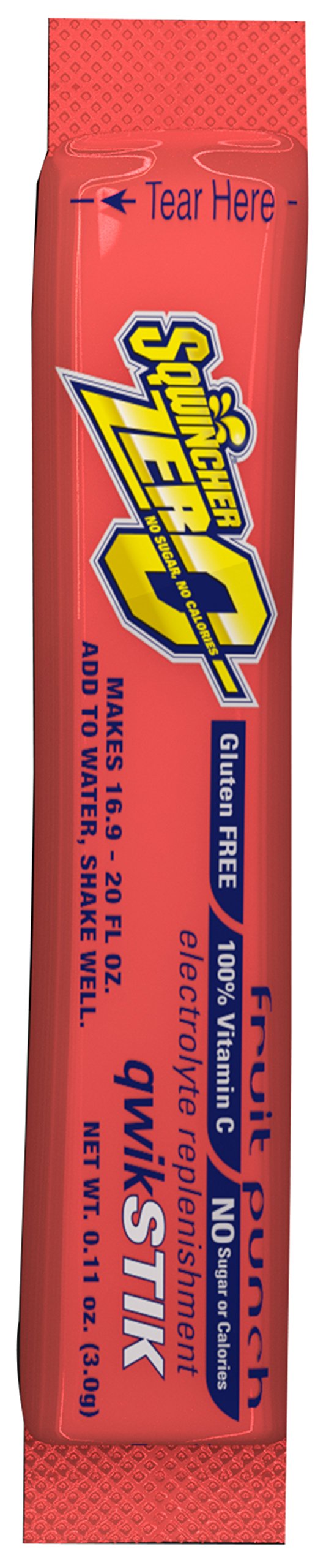 Sqwincher Zero Qwik Stik Fruit Punch powder dissolves quickly for hydration.