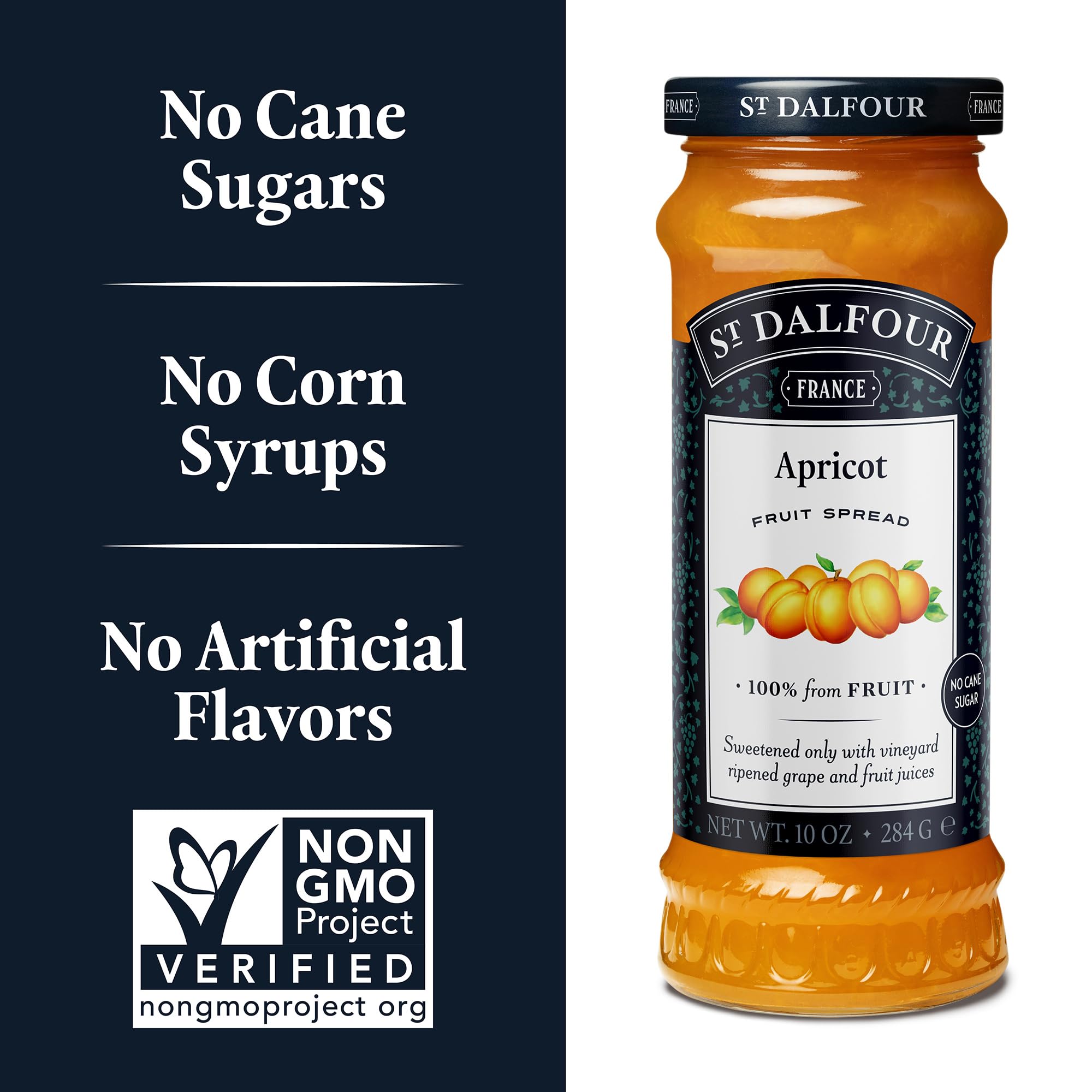 St. Dalfour apricot spread ingredients highlight, no artificial additives.