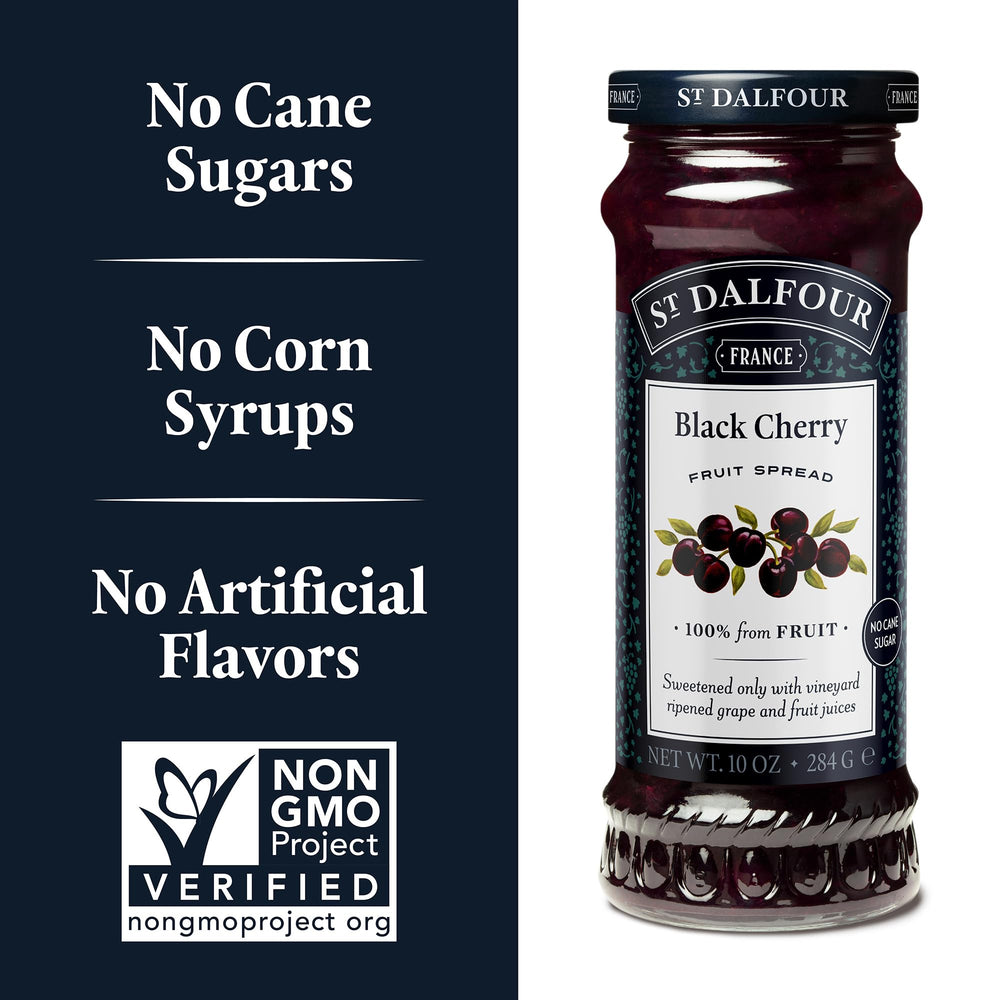 St. Dalfour spread ingredients displayed, highlighting natural fruit and no artificial additives.