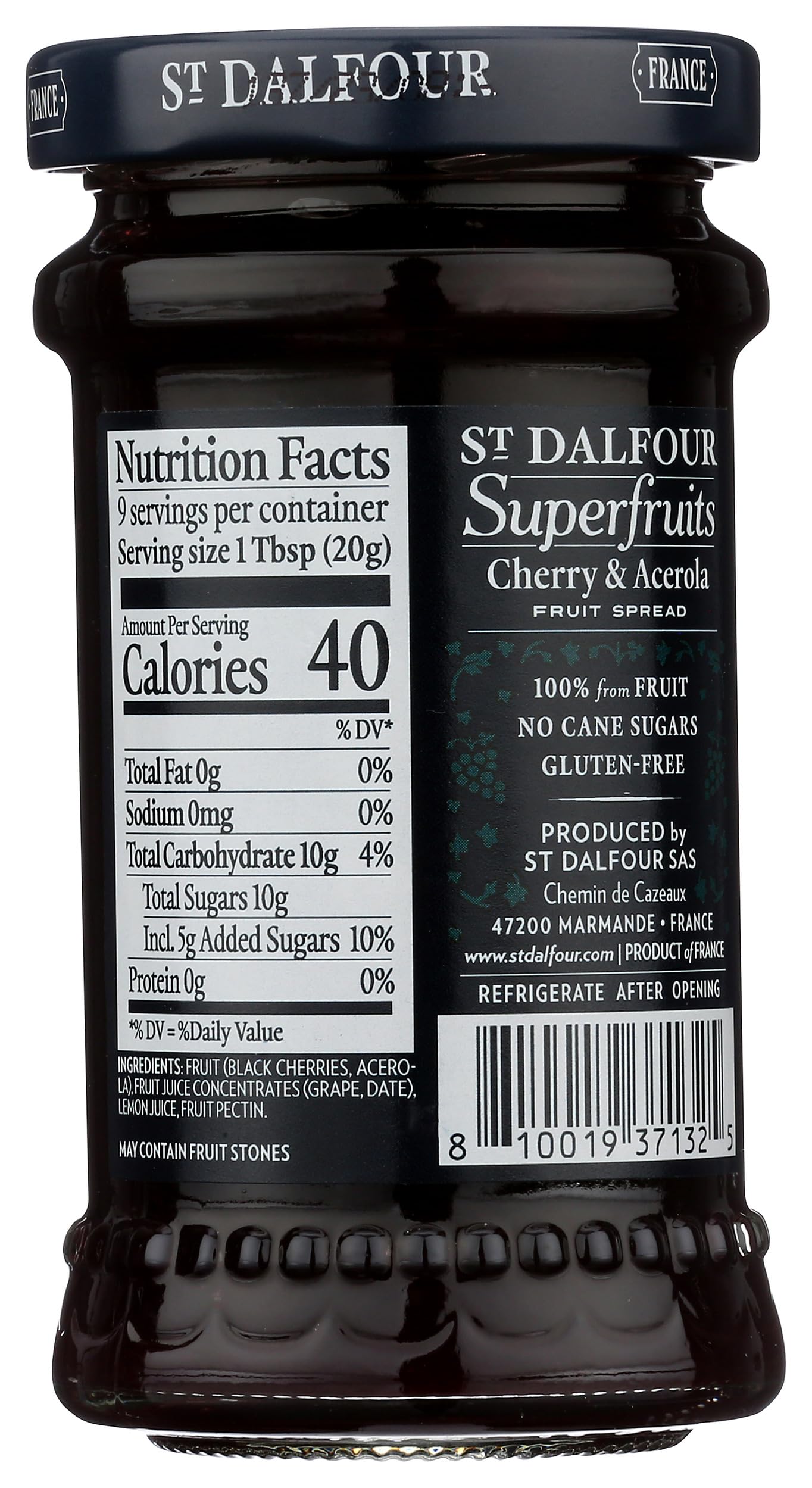 St. Dalfour Cherry & Acerola spread jar emphasizing 100% fruit ingredients for snacking