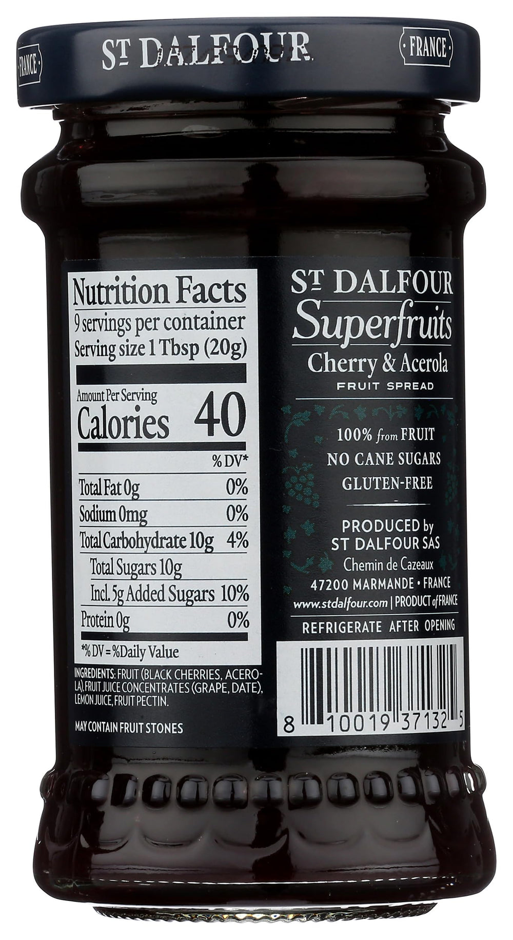 St. Dalfour Cherry & Acerola spread jar emphasizing 100% fruit ingredients for snacking