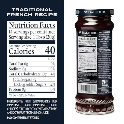St. Dalfour Four Fruits spread ingredients label highlights fruit-only sweetness.