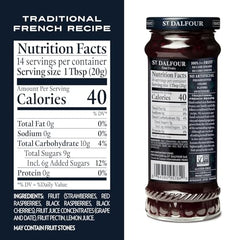 St. Dalfour Four Fruits spread ingredients label highlights fruit-only sweetness.