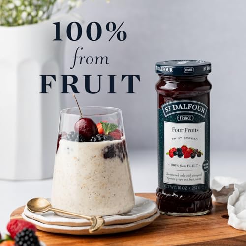 St. Dalfour Four Fruits spread on toast with berries.