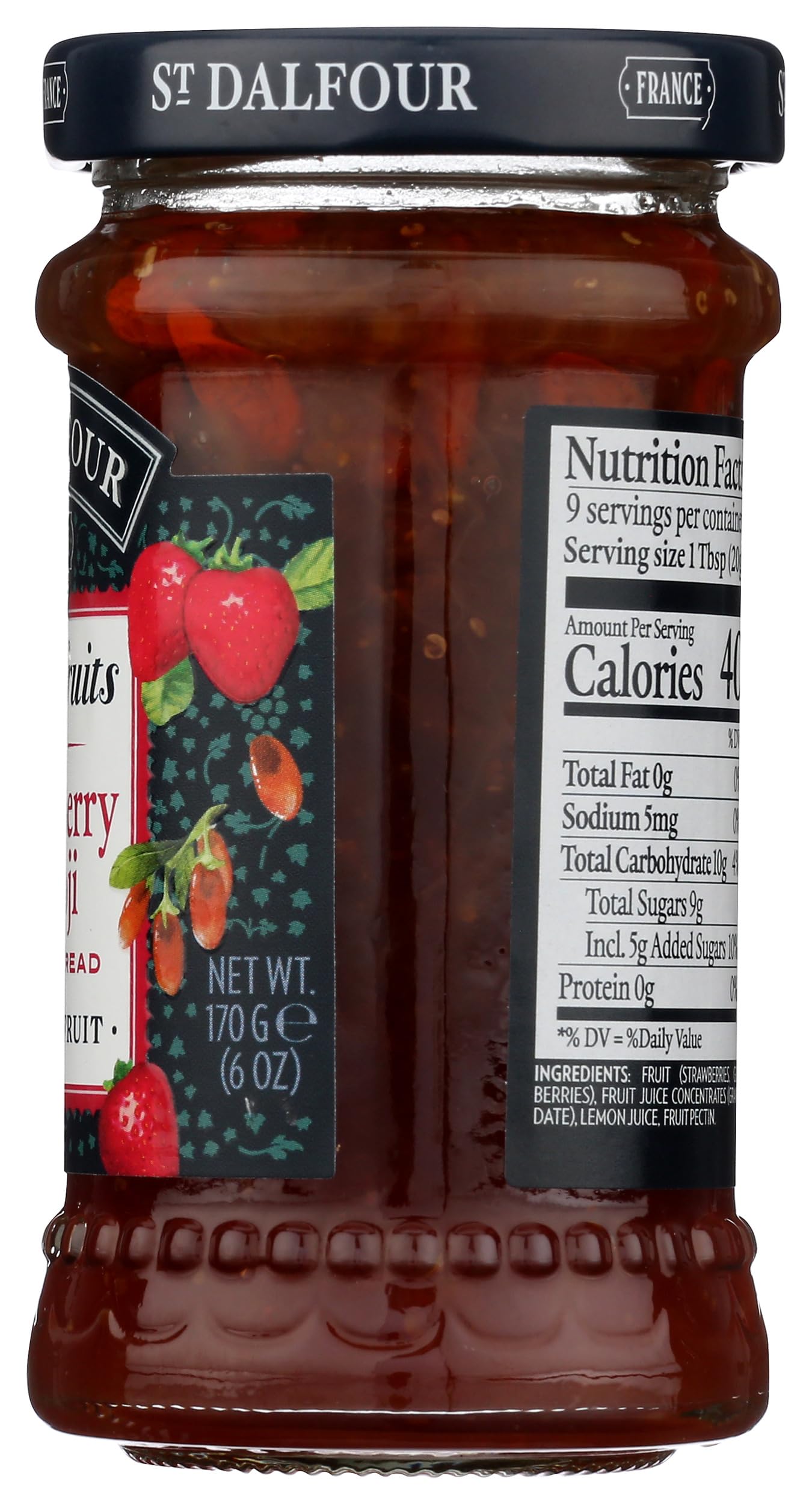 St Dalfour strawberry goji spread on toast with drizzle for a quick snack.
