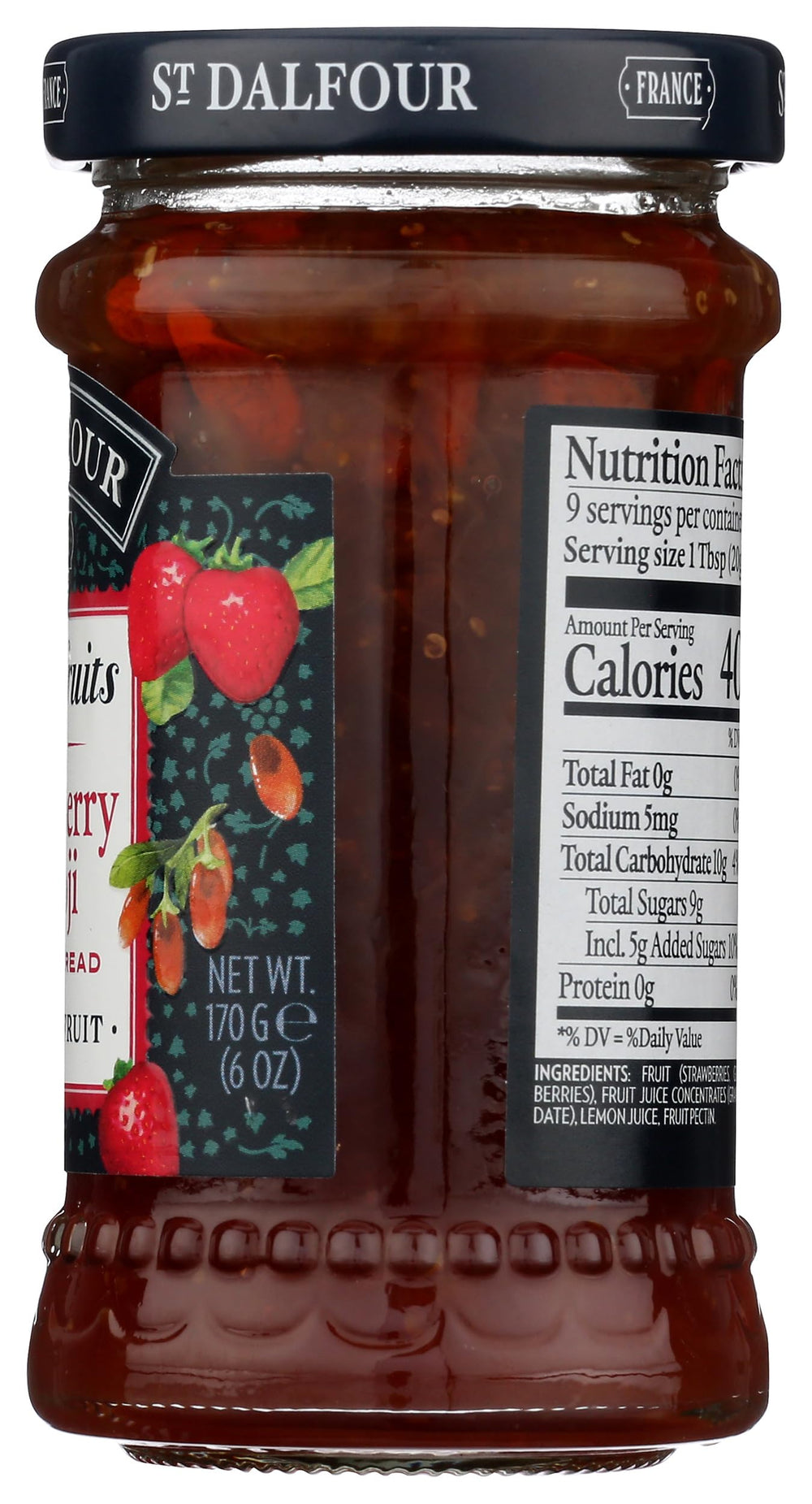 St Dalfour strawberry goji spread on toast with drizzle for a quick snack.