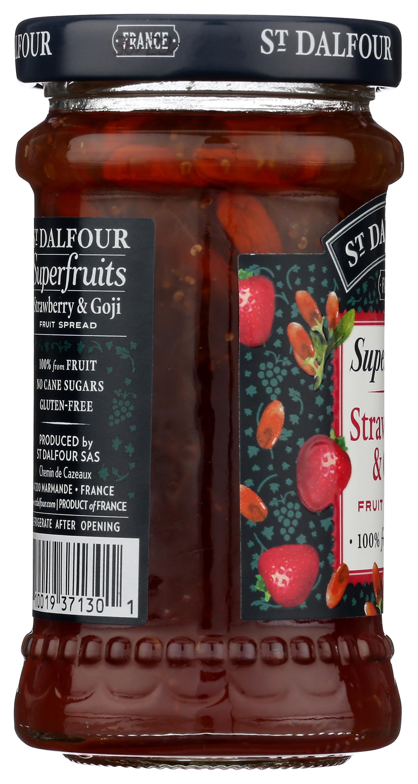 St Dalfour fruit spread label closeup shows branding and quality.