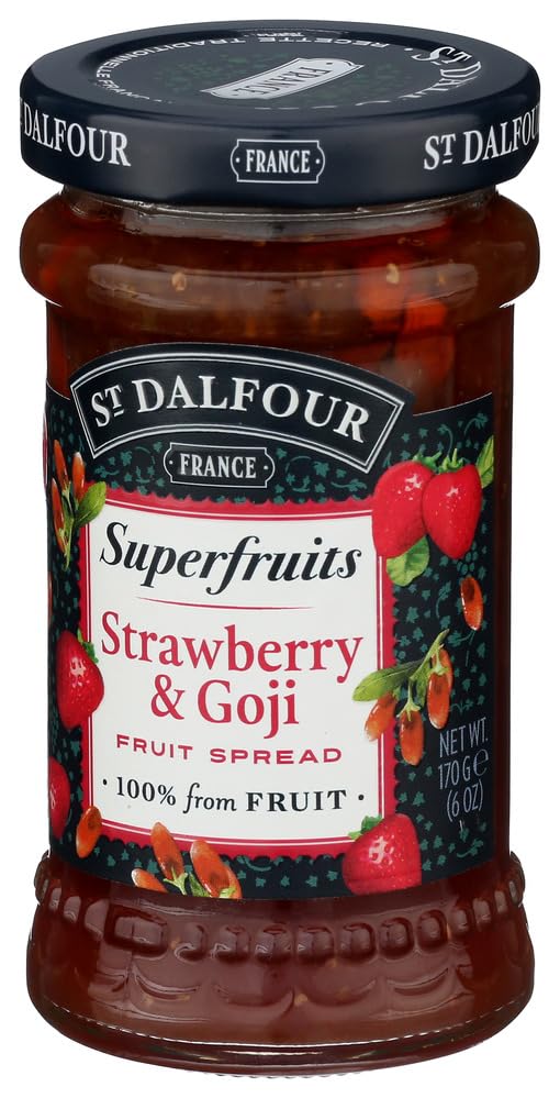 St Dalfour jar closeup emphasizes premium ingredients and vibrant berry blend.