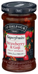 St Dalfour jar closeup emphasizes premium ingredients and vibrant berry blend.