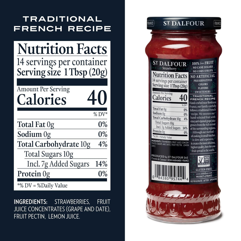 Close-up of St. Dalfour label showing natural ingredients and craftsmanship
