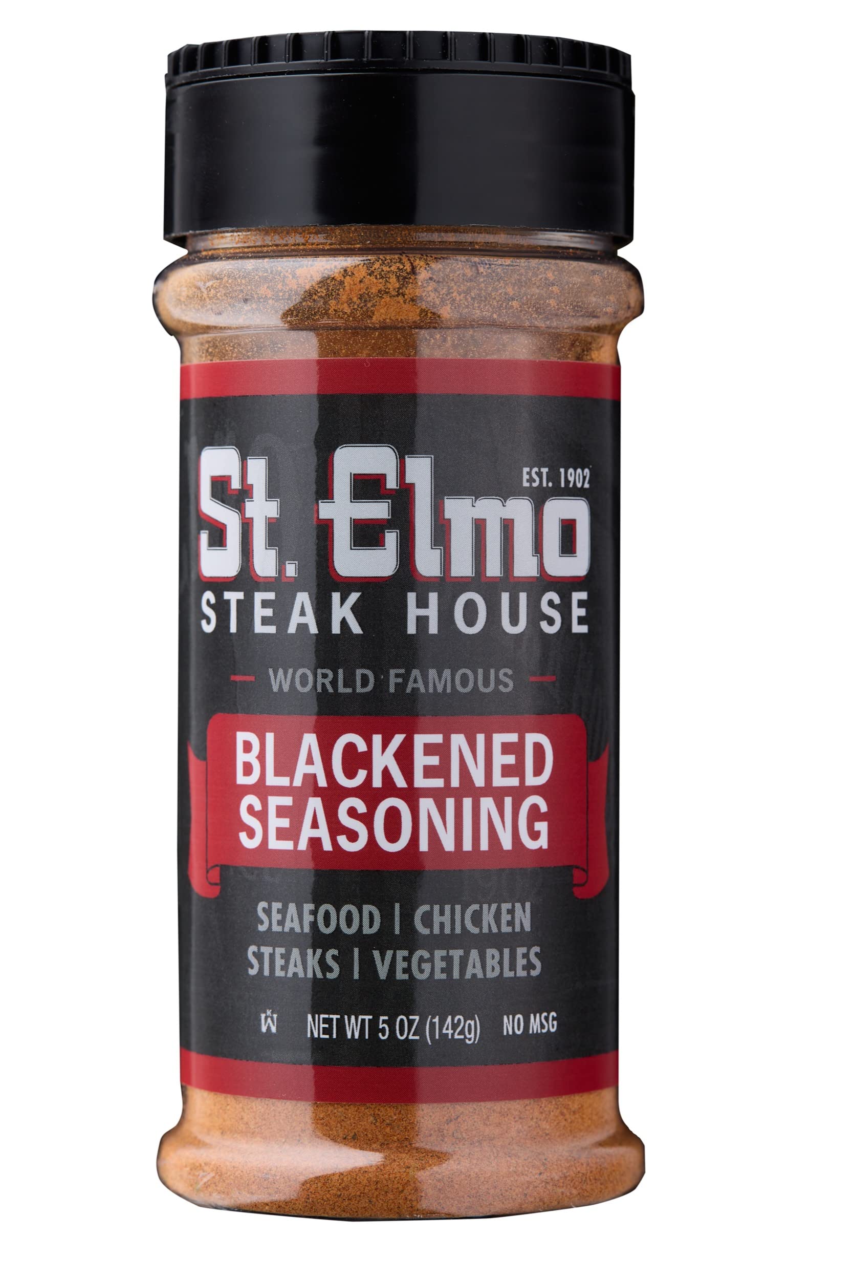 St. Elmo Blackened Seasoning jar adds bold Cajun flavor to seafood, chicken, and steak.
