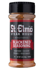 St. Elmo Blackened Seasoning jar adds bold Cajun flavor to seafood, chicken, and steak.