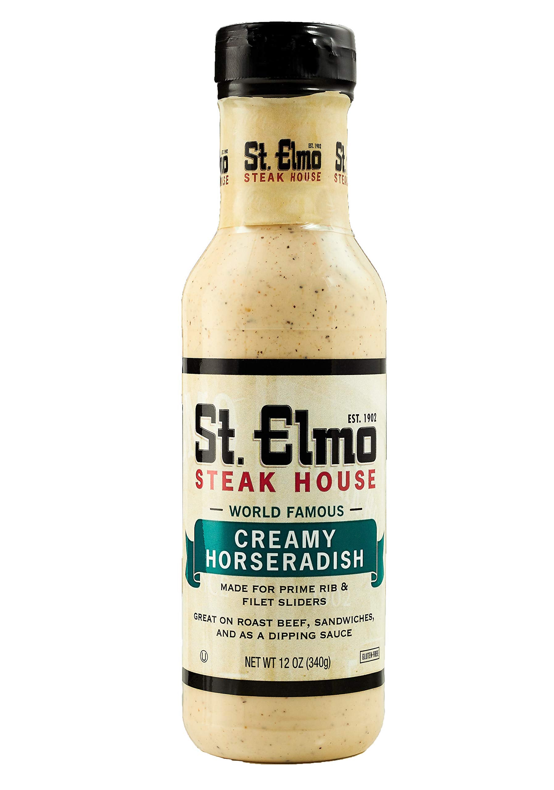 St. Elmo Creamy Horseradish bottle showing bold steak flavor.