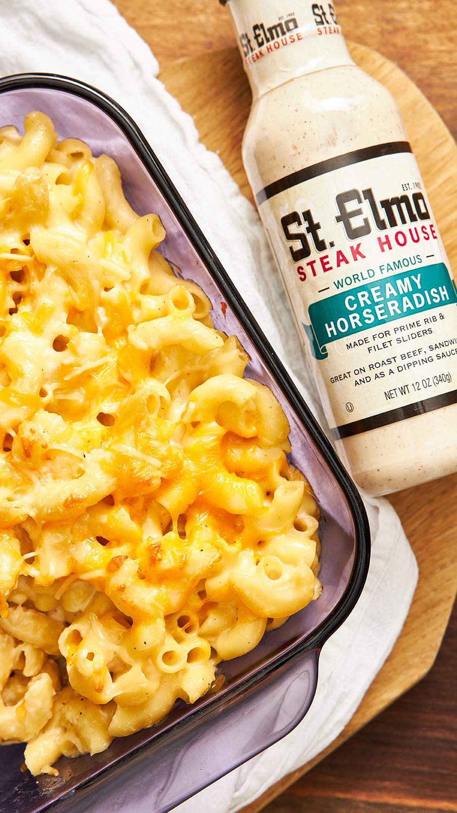 St. Elmo Creamy Horseradish label close-up with gluten-free and kosher notes.