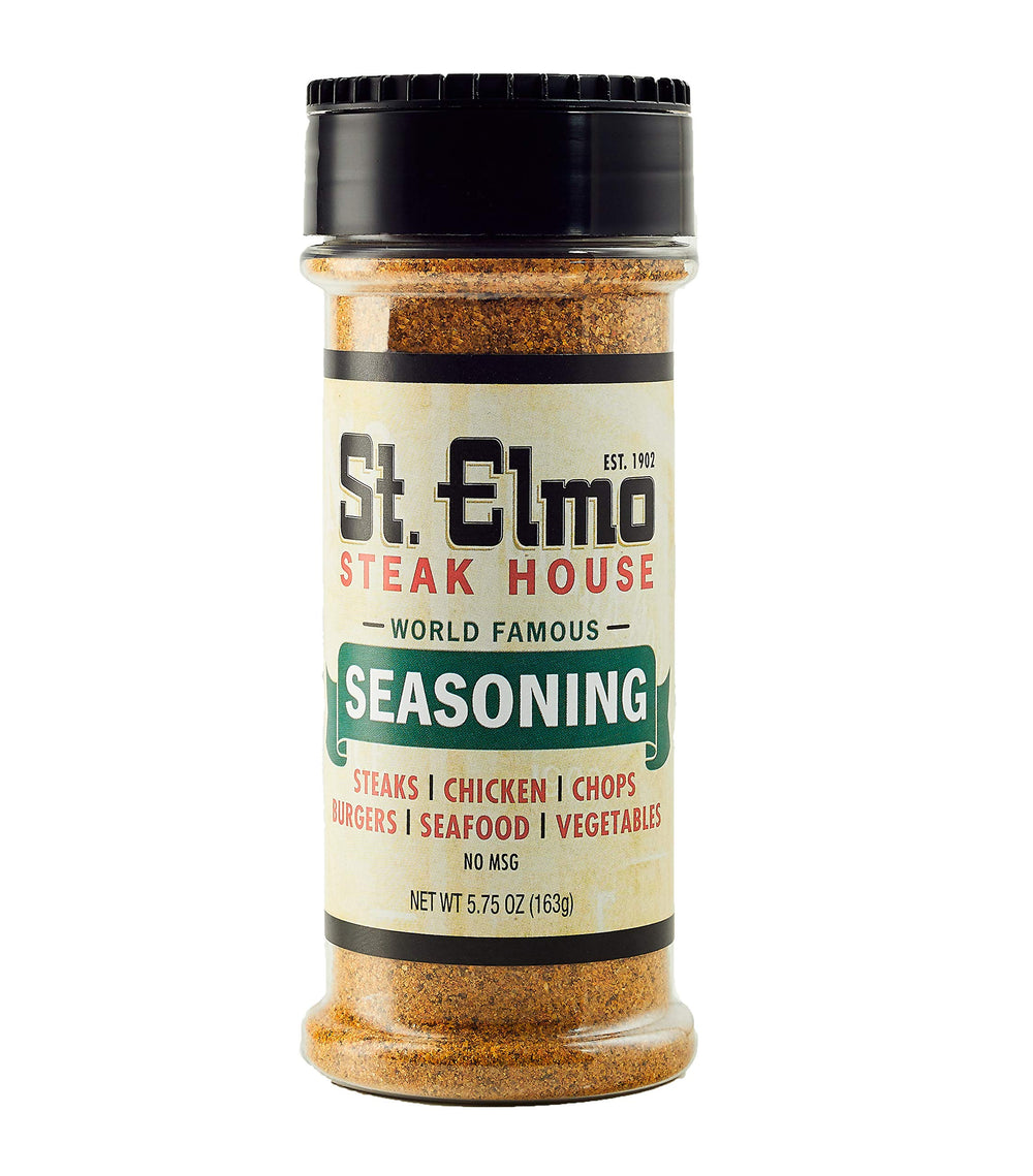 St Elmo Steak House seasoning bottle front, ready to boost steak flavor.
