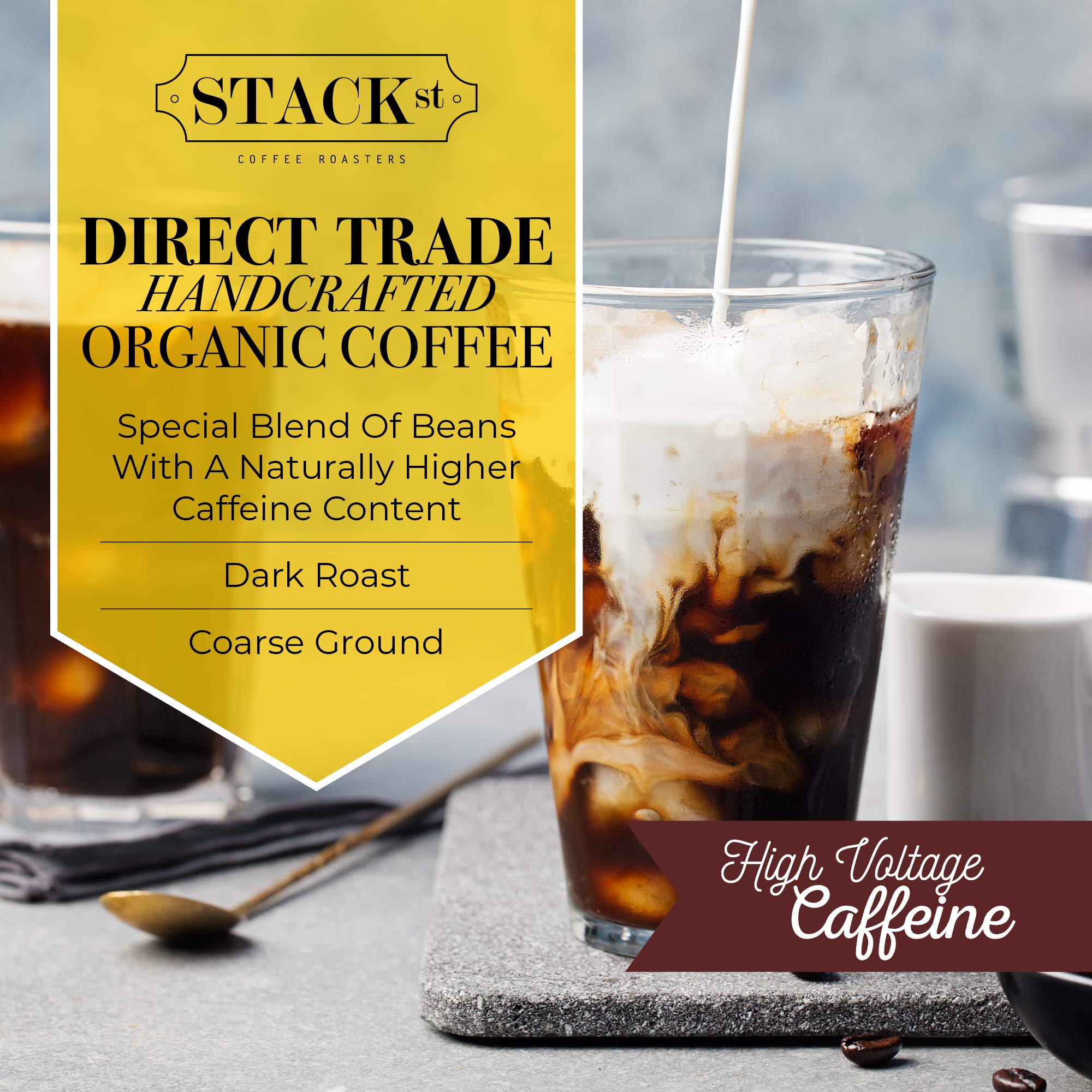 Stack Street cold brew served over ice with bold aroma and smooth finish.