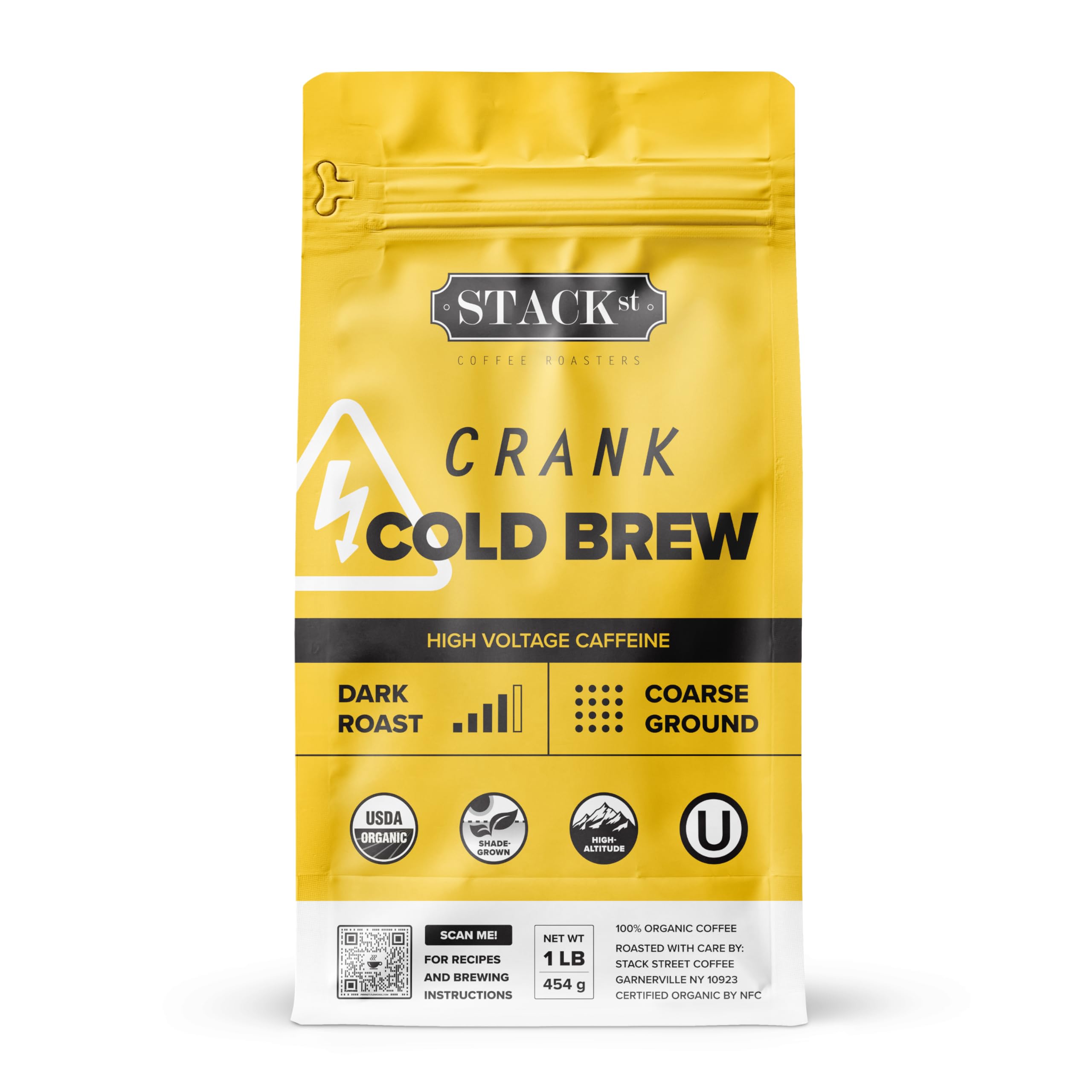 Stack Street Crank High Voltage coarse-ground coffee bag ready for cold brew.