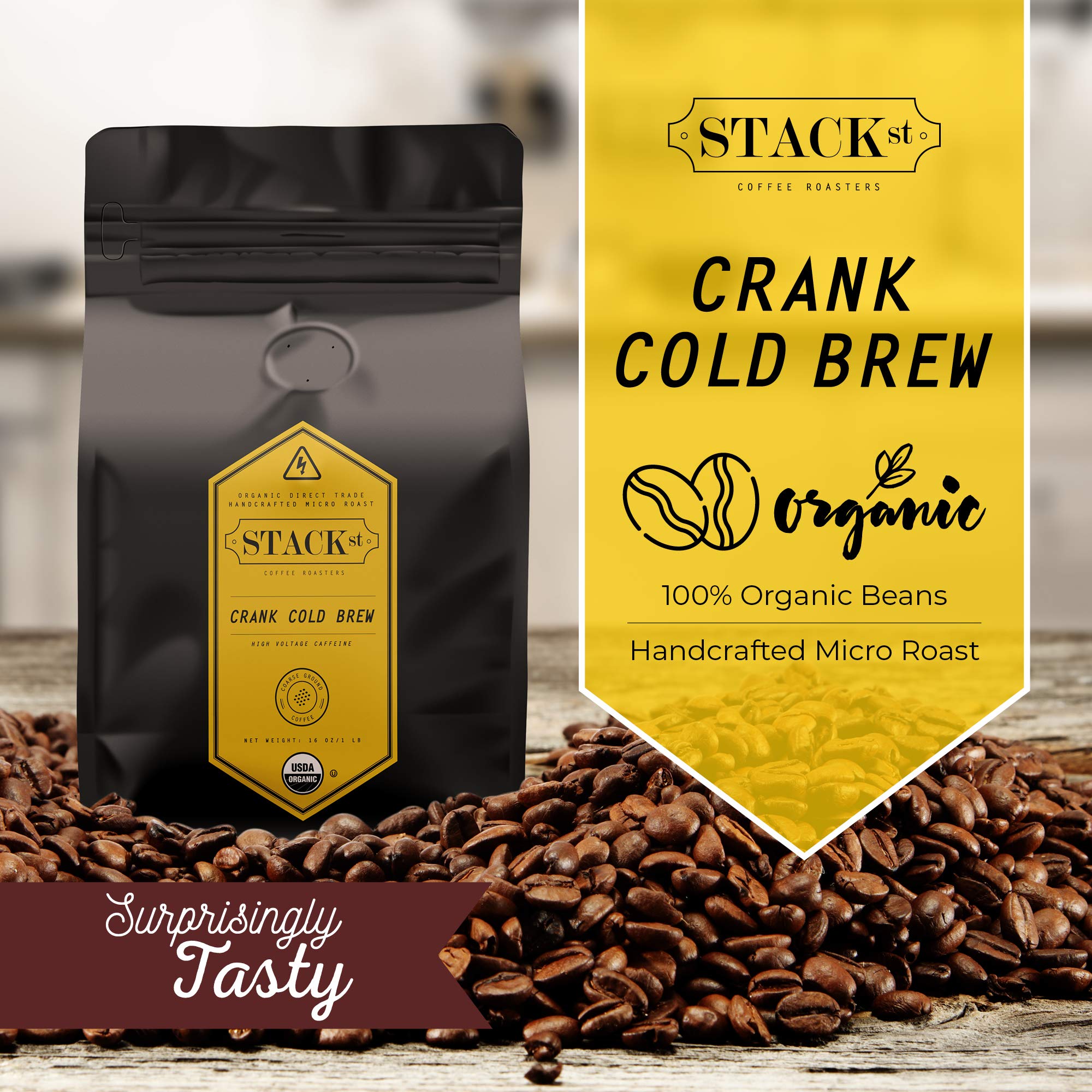 Stack Street Dark Roast coarse-ground coffee powder ideal for French press.