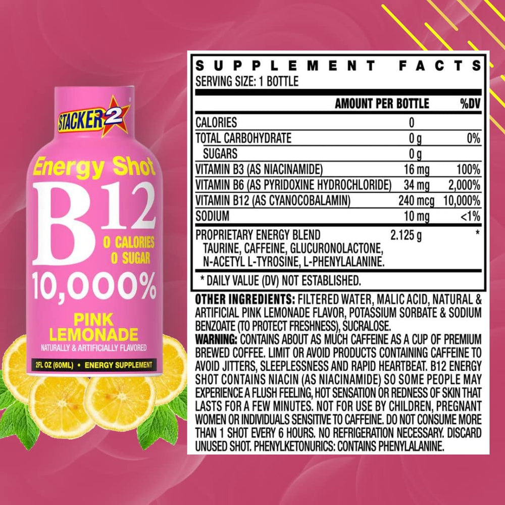 Close up of STACKER 2 Pink Lemonade label showing flavor and convenience
