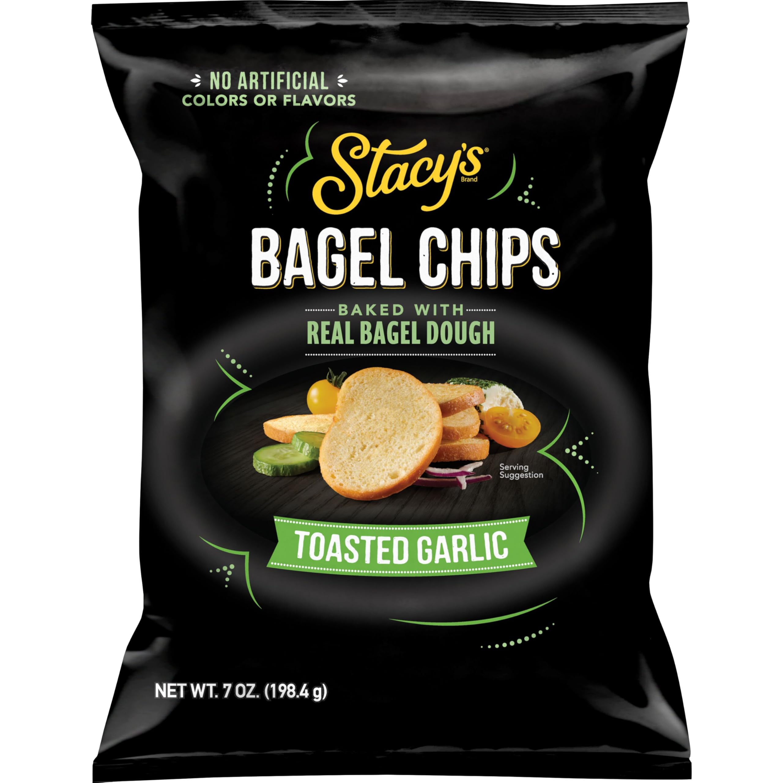 Stacy's Bagel Chips Toasted Garlic packshot showing crisp, savory chips