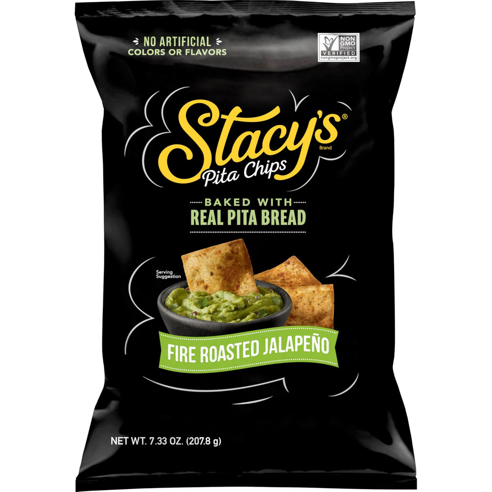 Stacy's Fire Roasted Jalapeno Pita Chips bag showing bold flavor and crunchy texture.