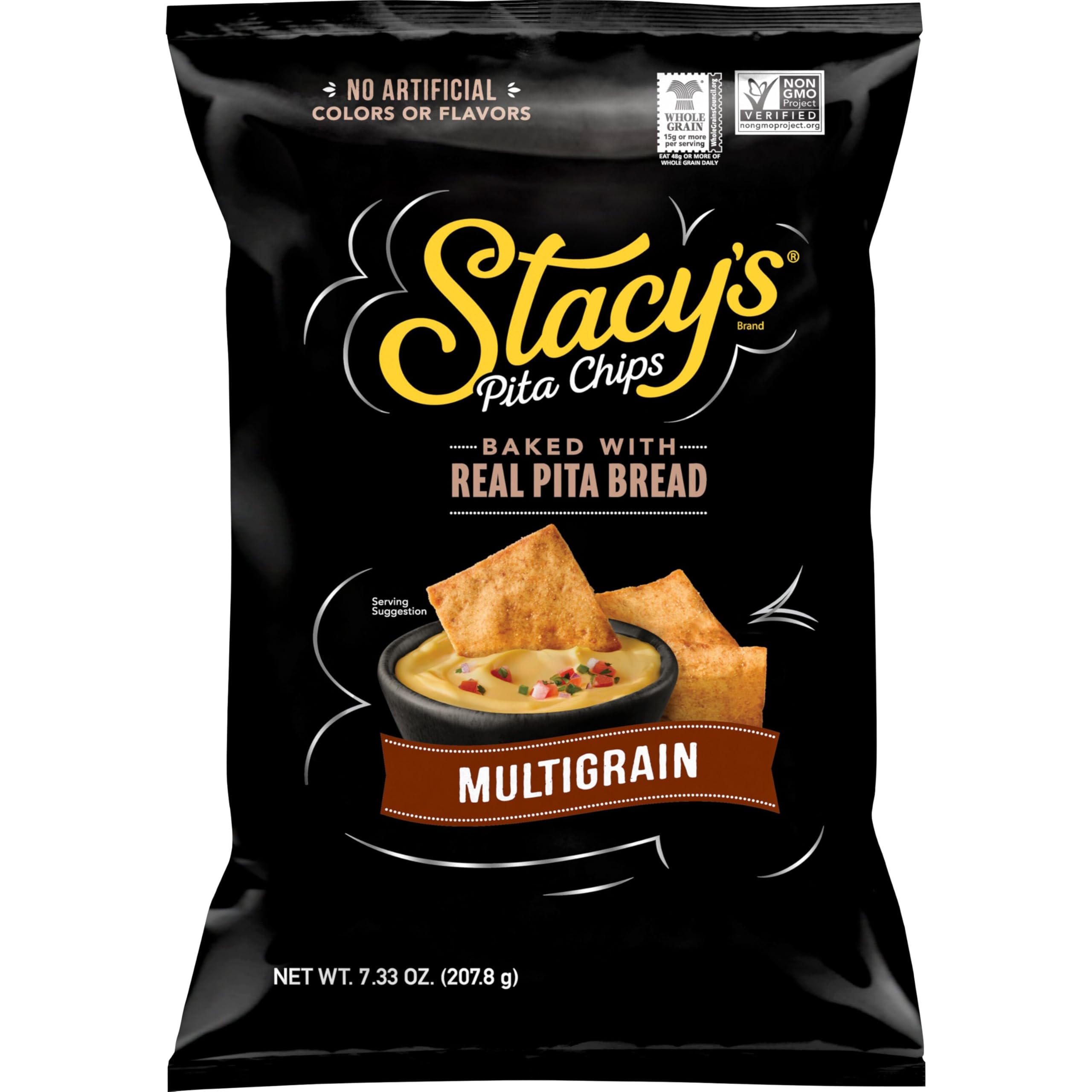 Stacy's Multigrain Pita Chips bag highlights crunchy, shareable texture for dips.