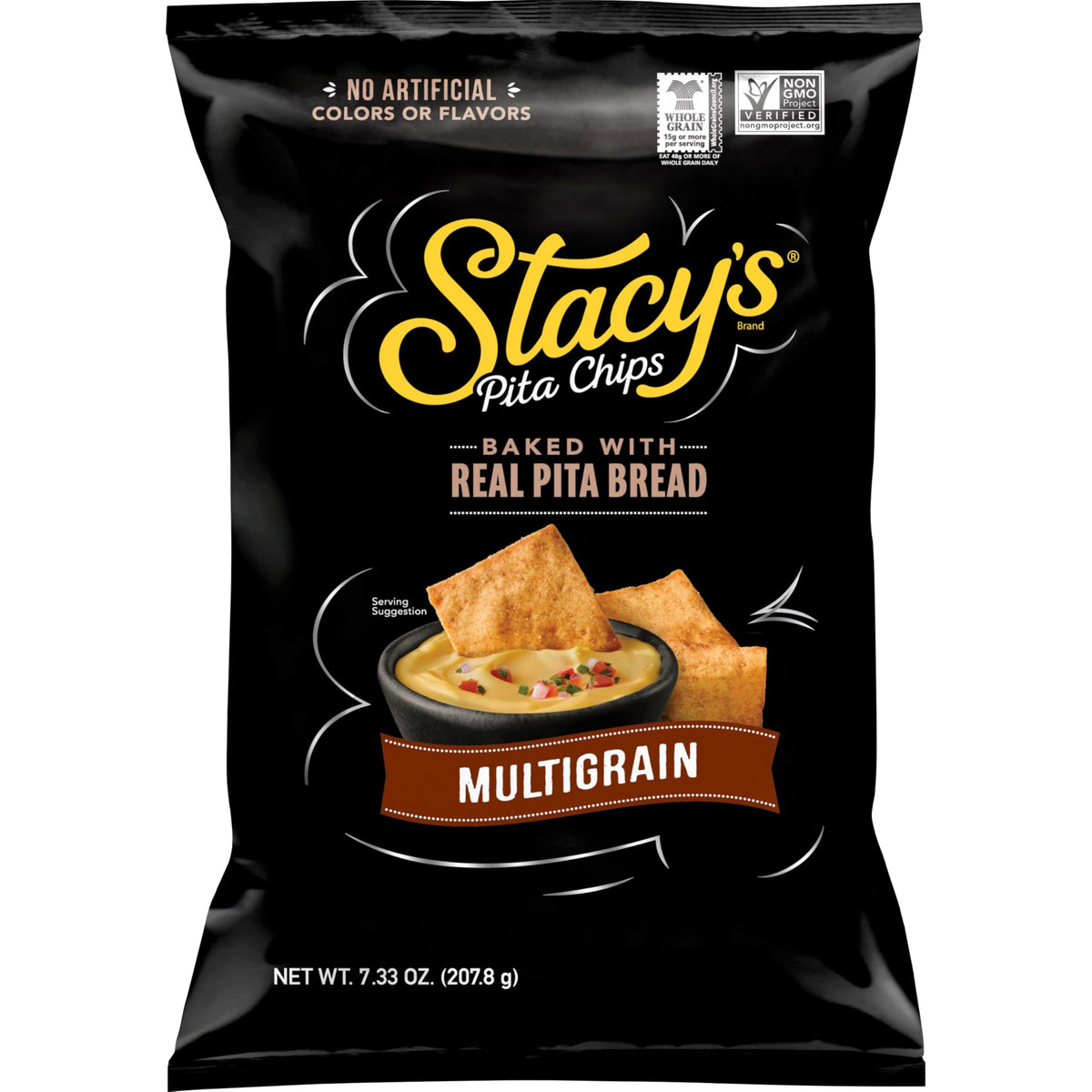 Stacy's Multigrain Pita Chips bag highlights crunchy, shareable texture for dips.