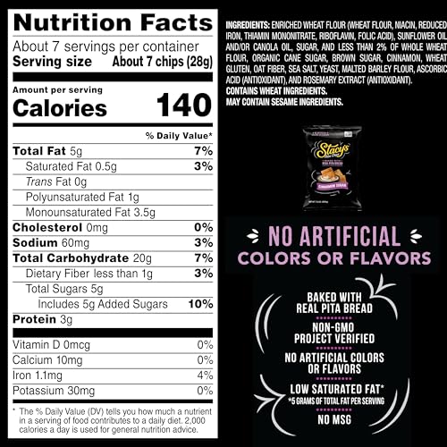 Stacy’s Pita Chips Cinnamon Sugar bag back highlights no artificial colors or flavors and 5 g fat per serving.