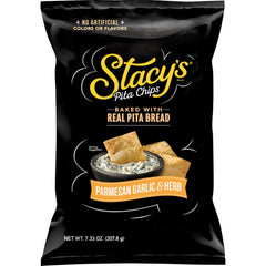 Stacy's Pita Chips Parmesan Garlic & Herb bag shows crunchy texture for satisfying snacking.