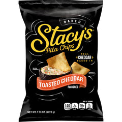 Stacy's Pita Chips Toasted Cheddar bag front; ideal for dipping.