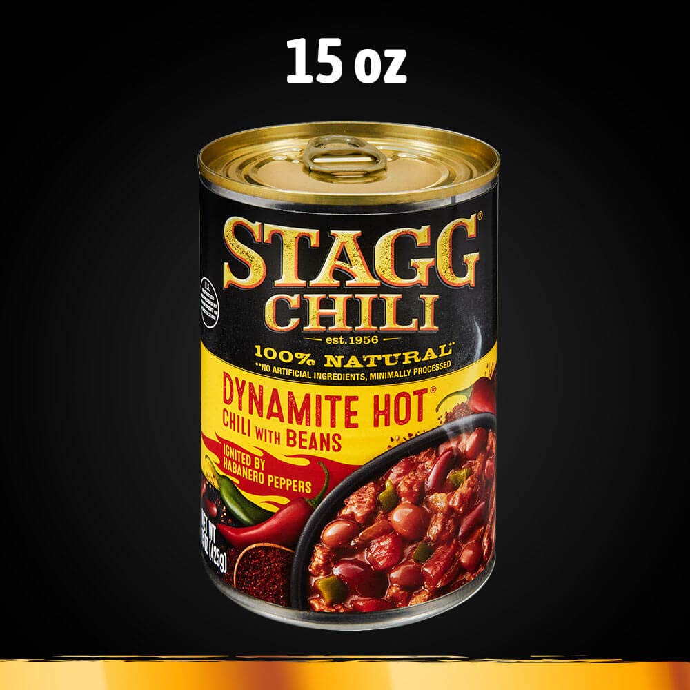 STAGG Dynamite Chili pack of 12 cans—bulk pantry solution for gatherings.