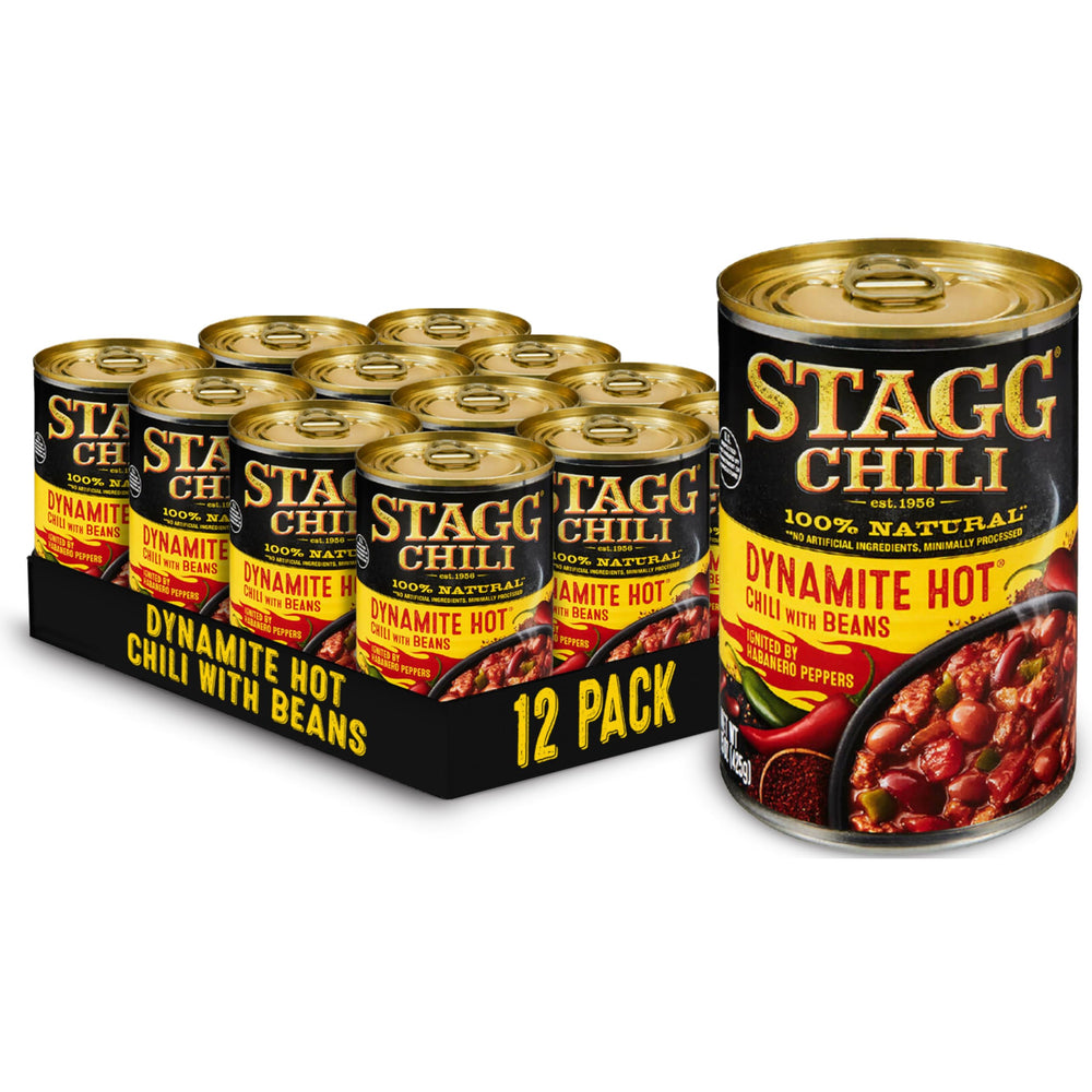 STAGG Dynamite Chili with Beans can front view—quick pantry staple for meals.