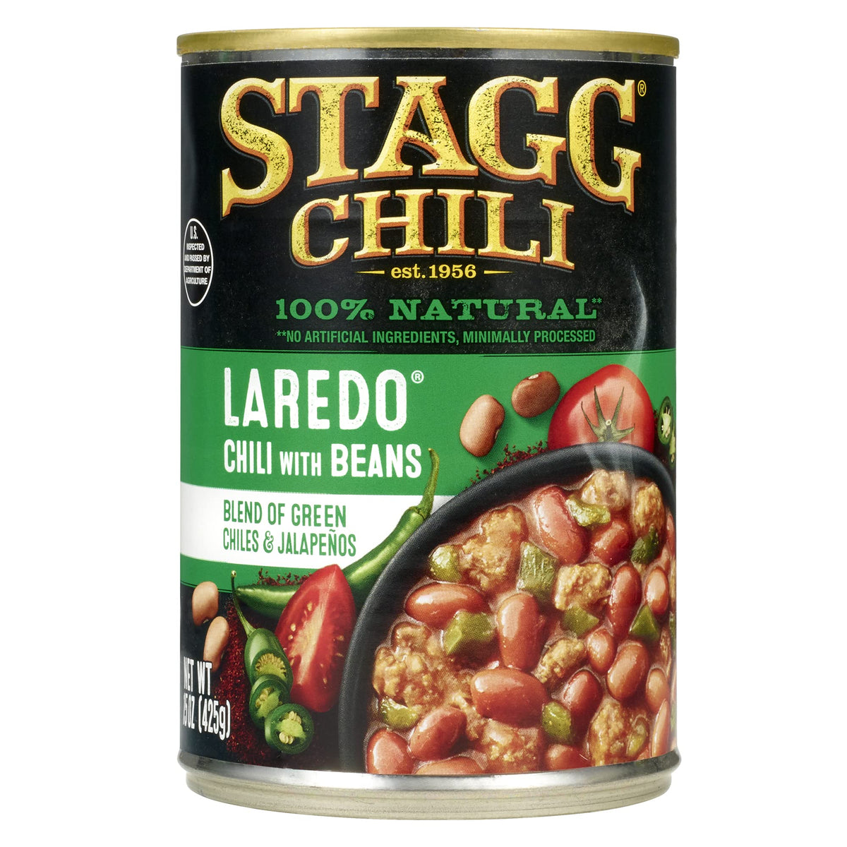 STAGG Laredo Chili with Beans label close-up highlights bold flavor and can size