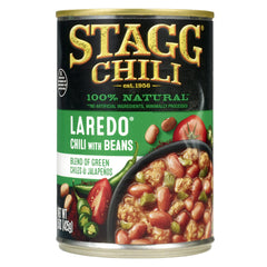 STAGG Laredo Chili with Beans label close-up highlights bold flavor and can size