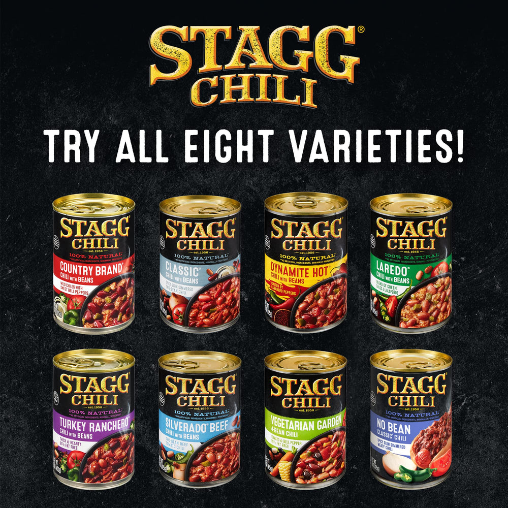 STAGG Laredo Chili with Beans label detail shows quality ingredients