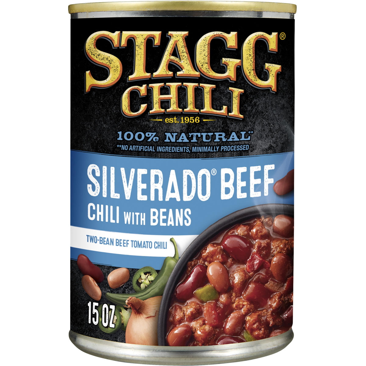 STAGG Silverado beef chili with beans can — convenient ready-to-open meal.