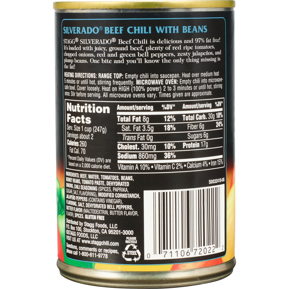 STAGG Silverado beef chili with beans spoonful — hearty texture.