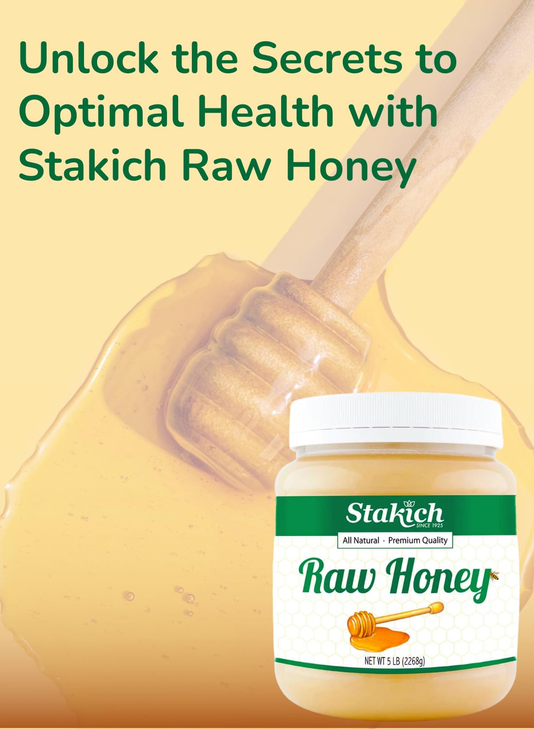 Stakich honey being poured from a glass bottle for a smooth breakfast drizzle.
