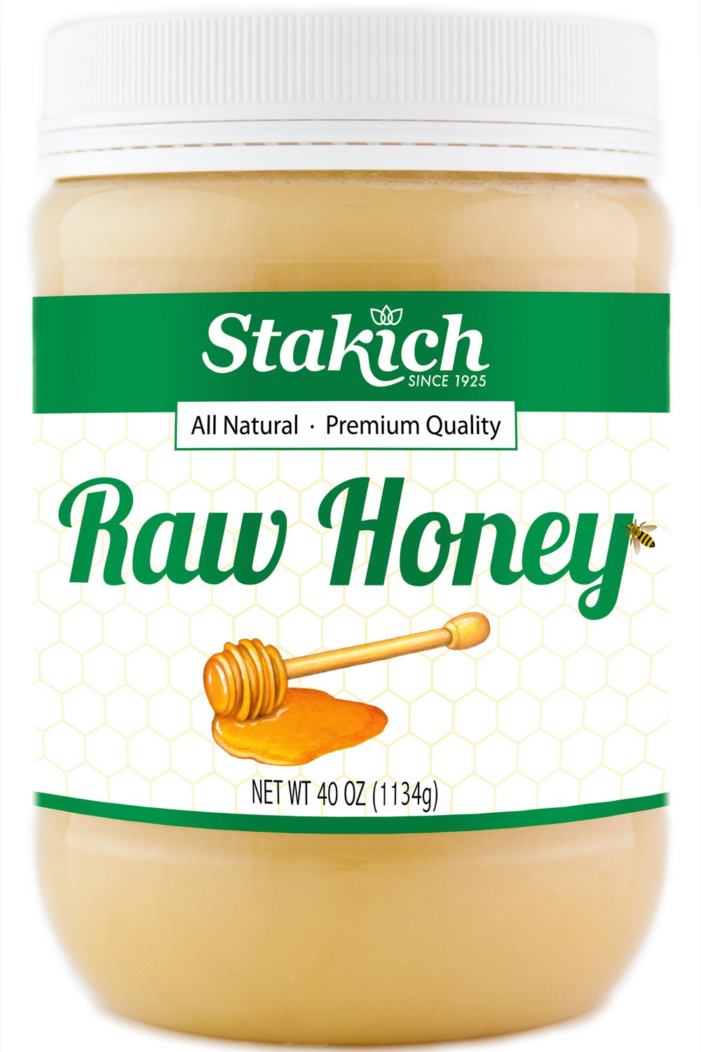 Stakich Raw Honey 40oz jar shows pure, unheated sweetness for tea and toast.