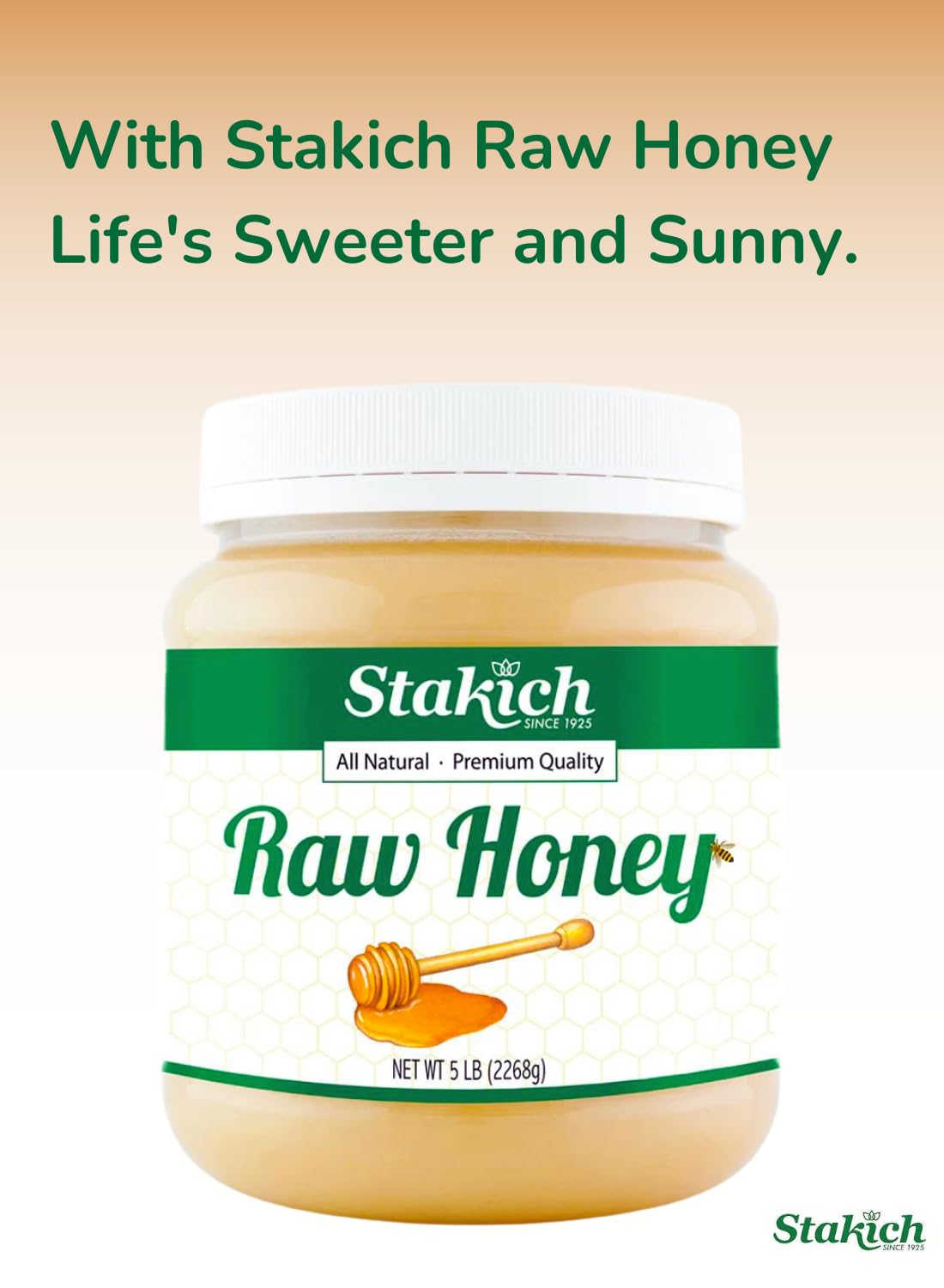 Close-up of Stakich raw honey texture preserves natural enzymes and minerals.