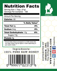 Stakich unheated honey jar closeup showing enzyme-rich texture.
