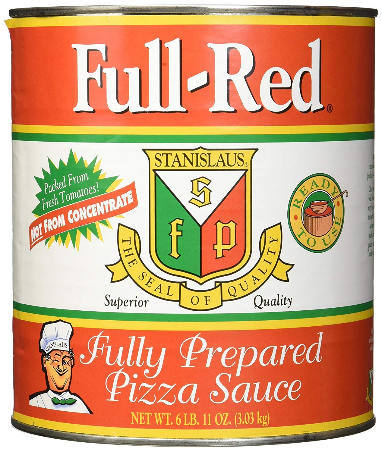Stanislaus Full Red Pizza Sauce can close-up showing rich texture for quick homemade pizzas