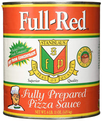 Stanislaus Full Red Pizza Sauce can close-up showing rich texture for quick homemade pizzas