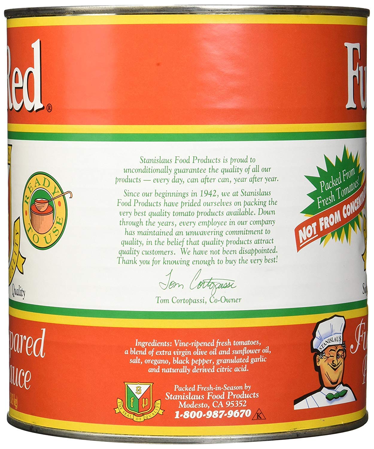 Stanislaus Full Red Pizza Sauce pour illustrating smooth consistency for fast, flavorful pies