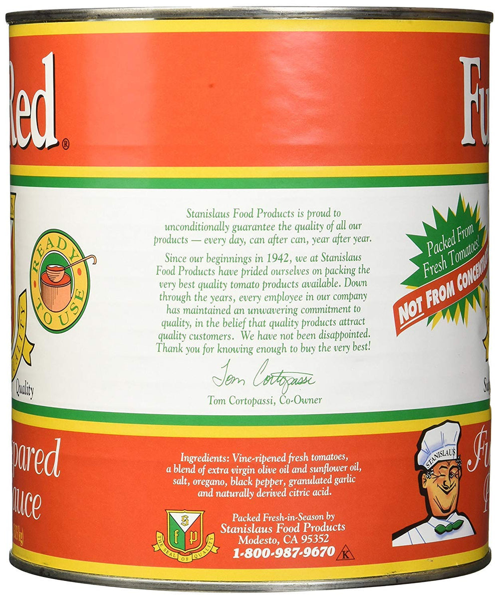 Stanislaus Full Red Pizza Sauce pour illustrating smooth consistency for fast, flavorful pies