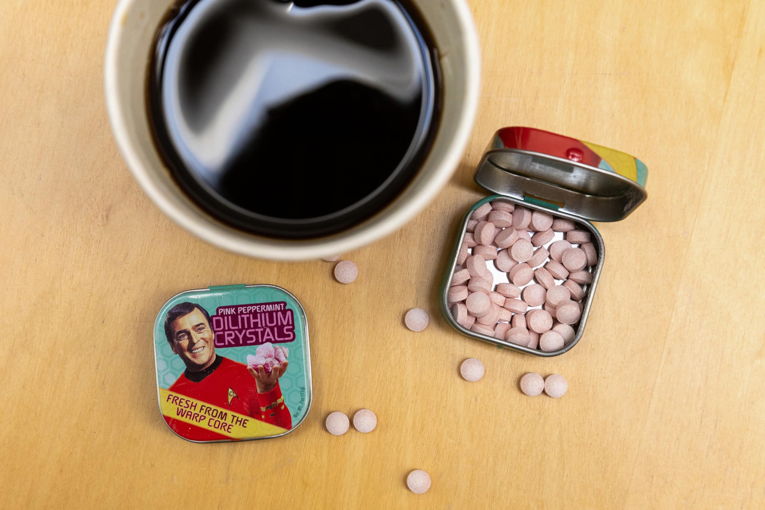 Pink peppermint aroma of Star Trek Dilithium Crystal Breath Mints close-up
