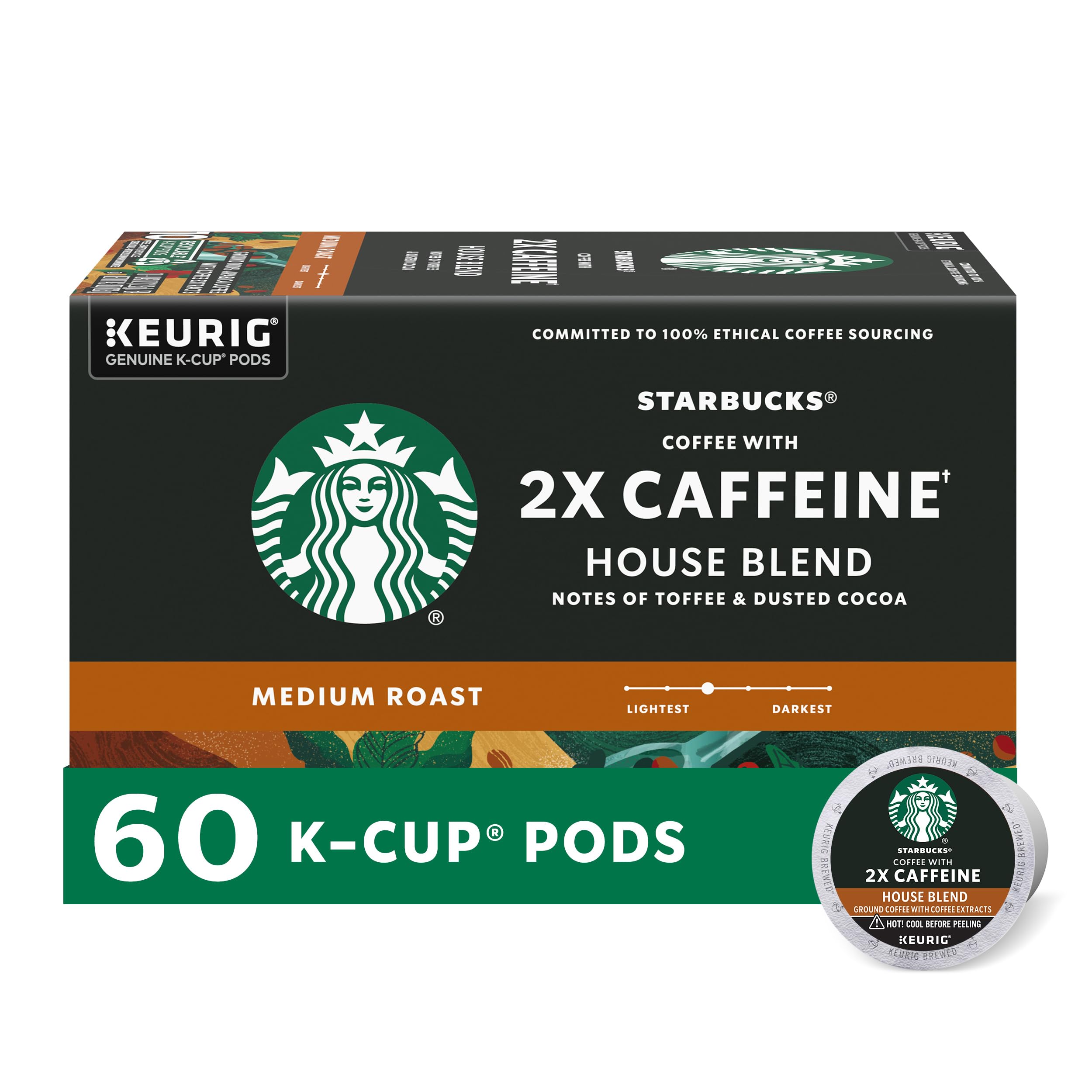 Starbucks 2X Caffeine House Blend pod close-up highlighting bold aroma
