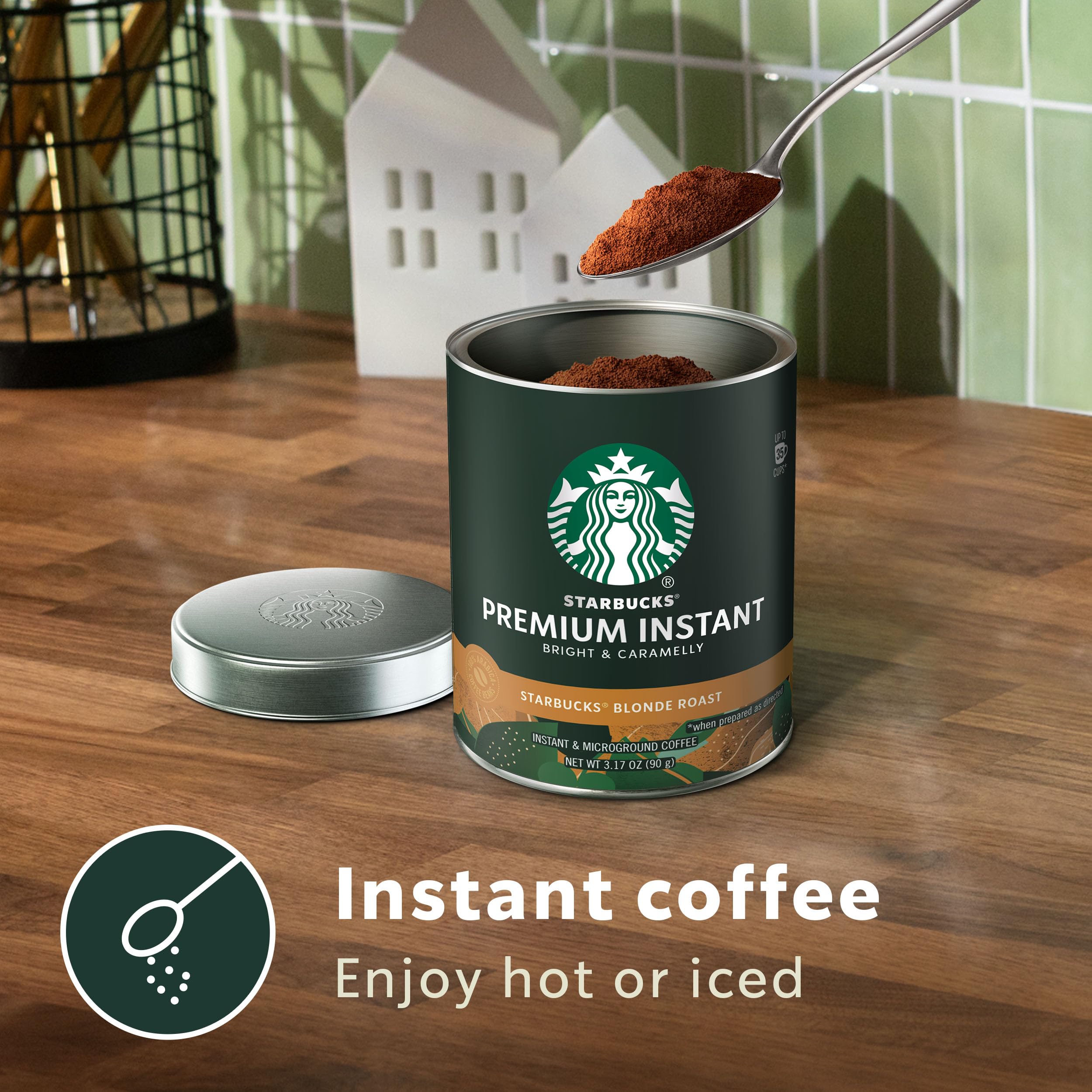 Starbucks Blonde Roast instant coffee tin used for hot or iced beverages.